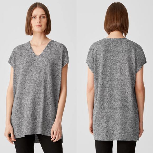 Eileen Fisher Women's Salt & Pepper Gray Short Sleeve Knit Blouse Size Medium - Picture 1 of 9